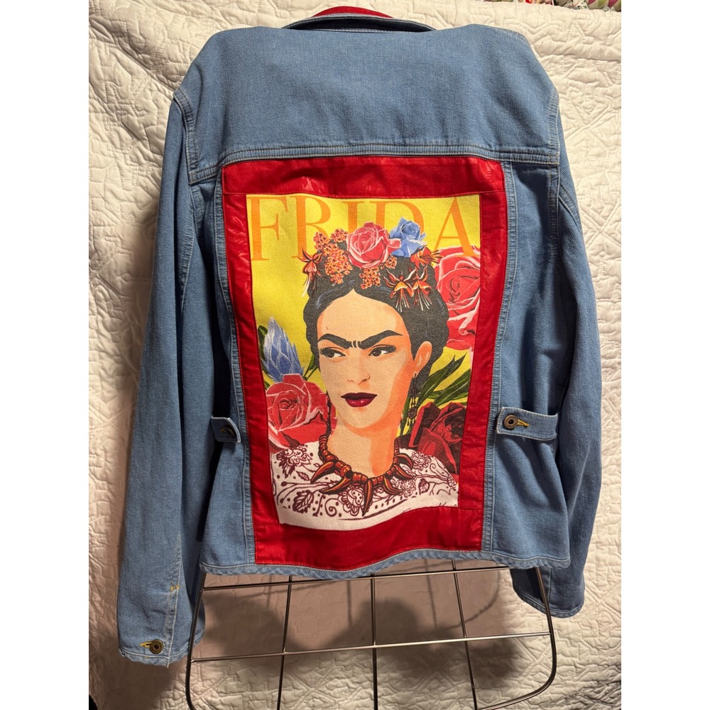 Customized Denim Jacket Blue Red Women XL featuring Frida Kahlo Graphic